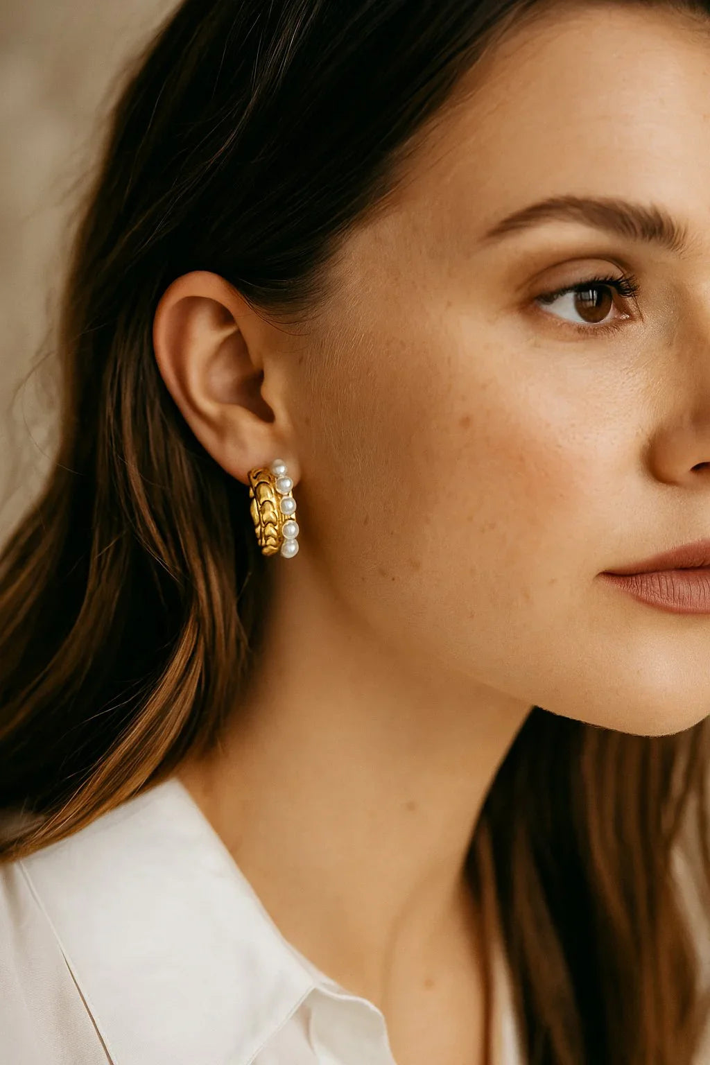 Pearl Accent Gold Hoop Earrings — Nickel-Free