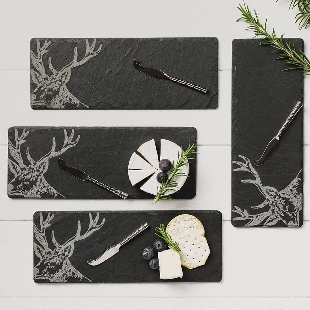 4 Etched Mini Stag Cheese Boards & Knives - Gift Set Glasses Foxyavenue UK