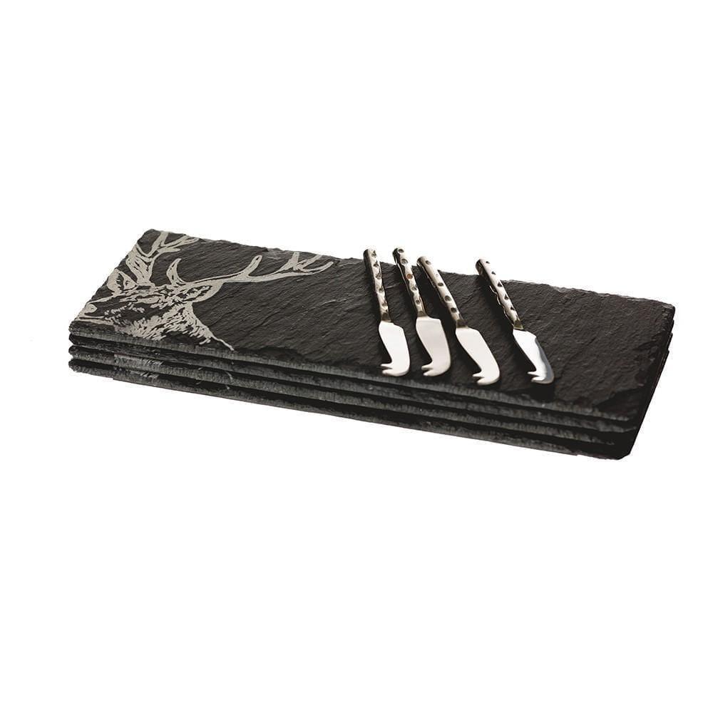 4 Etched Mini Stag Cheese Boards & Knives - Gift Set Glasses Foxyavenue UK
