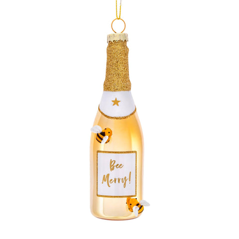 Bee Merry Gold Champagne Shaped Bauble Christmas Decorations Foxyavenue UK