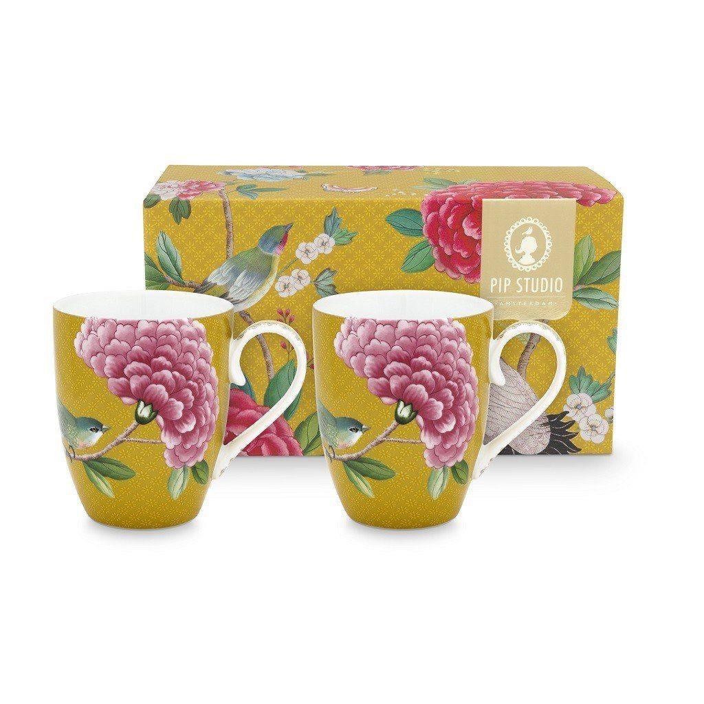Blushing Birds Set/2 Large Yellow Mugs Cups Foxyavenue UK
