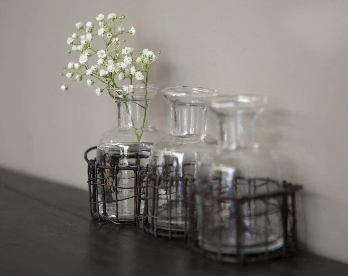 Bottles Set of 3 in Wire Basket Candle Holders Foxyavenue UK