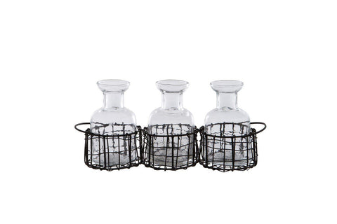 Bottles Set of 3 in Wire Basket Candle Holders Foxyavenue UK