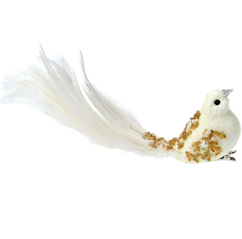 Cream Bird on Clip with Gold Beads Tree Decorations Foxyavenue UK