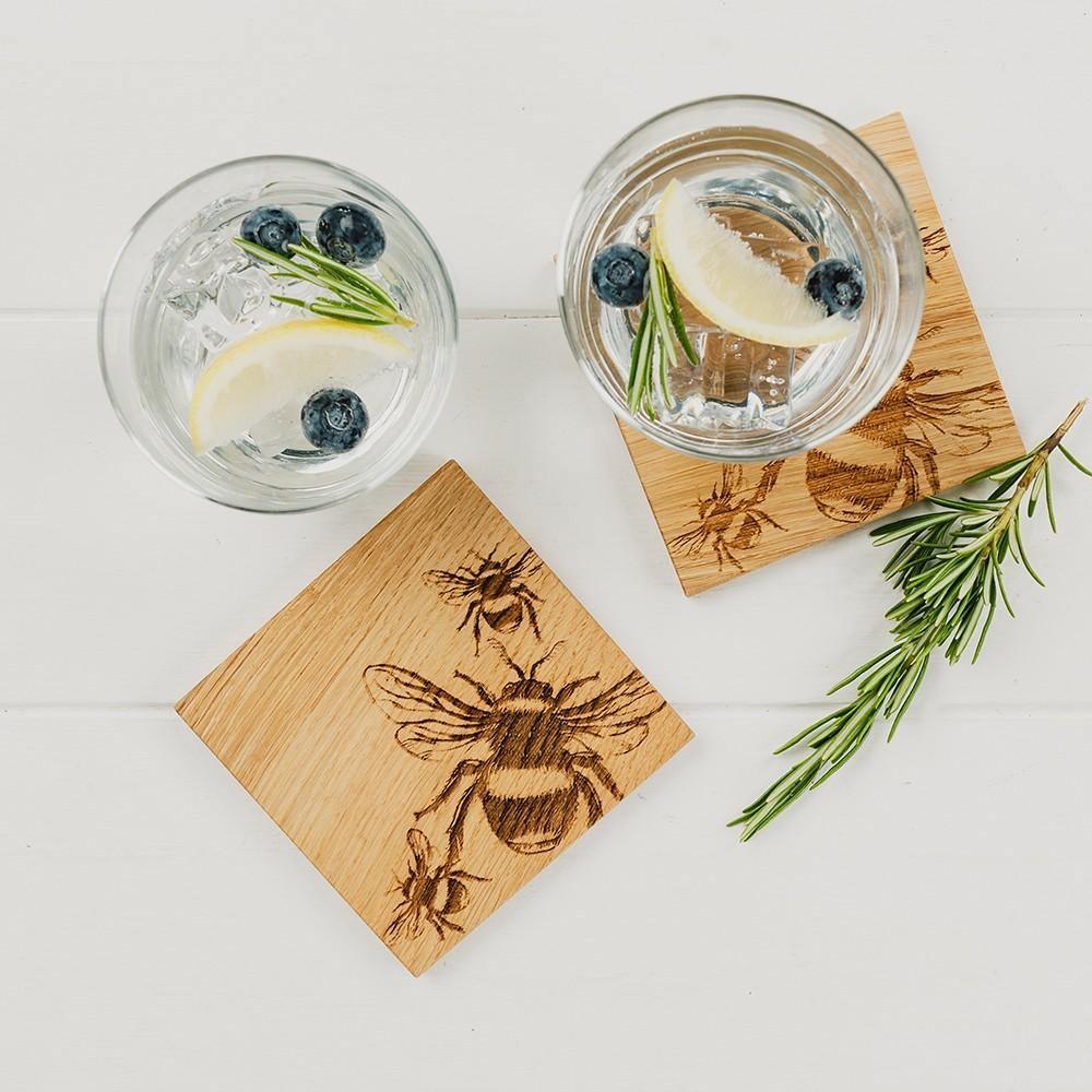 Etched Bee Oak Coasters - Set of 2 Tableware Foxyavenue UK