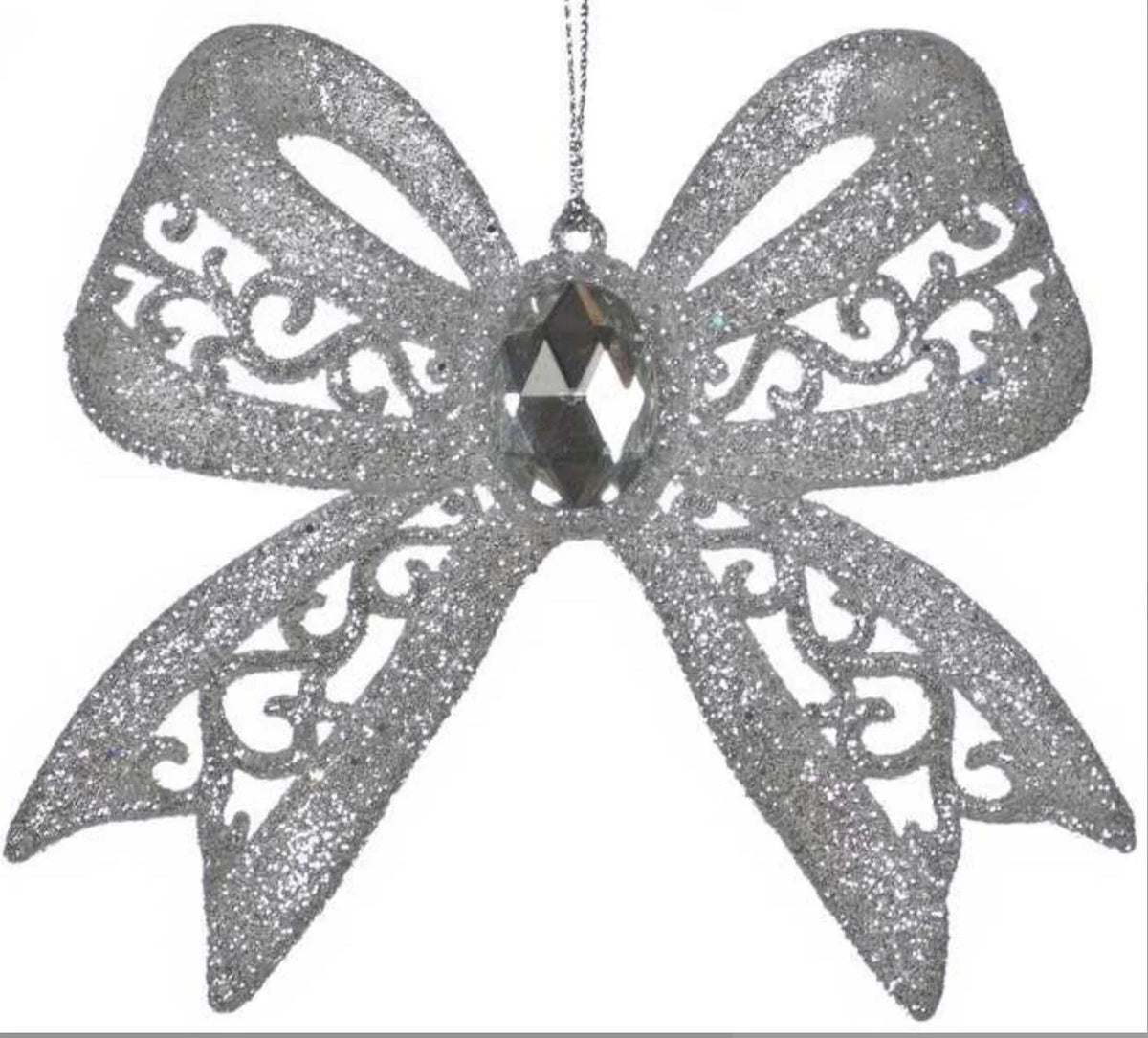 Hanging glitter bow - silver Tree Decorations Foxyavenue UK