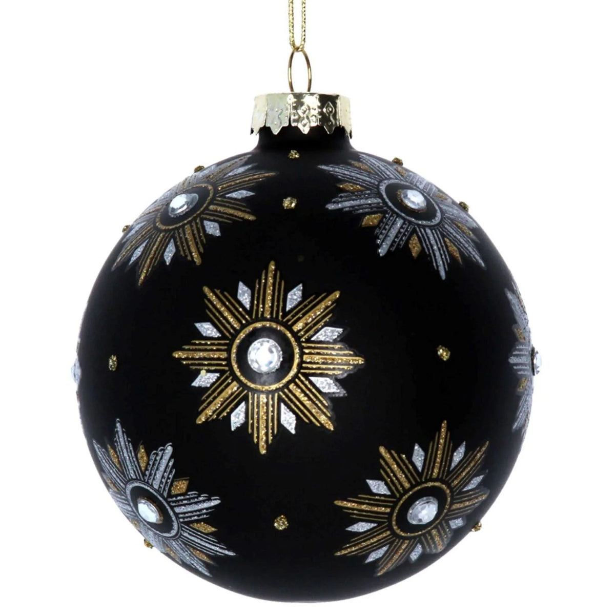 Matt Black Glass Ball with Diamonte Stars Tree Decorations Foxyavenue UK