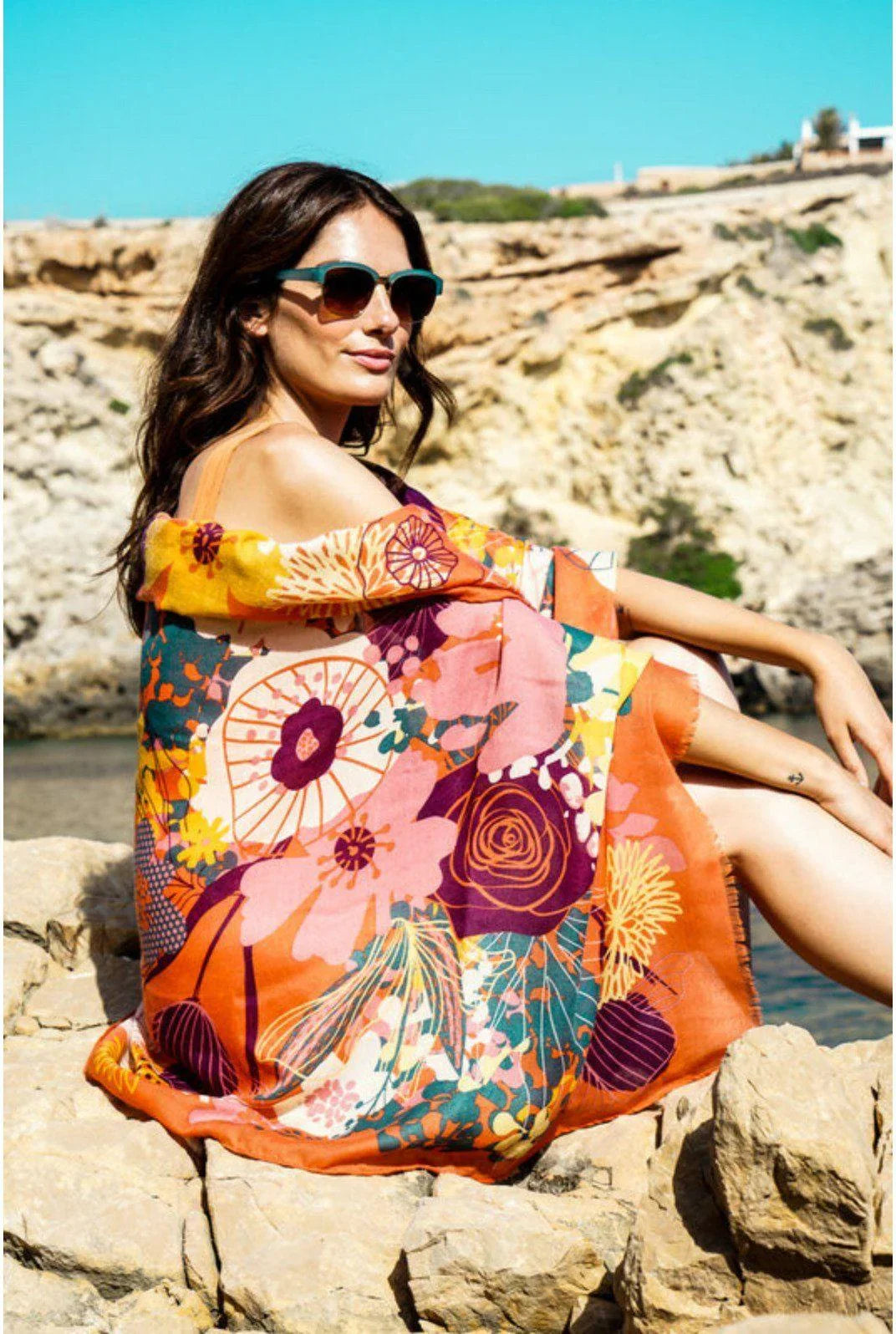 Modern Floral Tangerine Print Scarf Scarf Foxyavenue UK