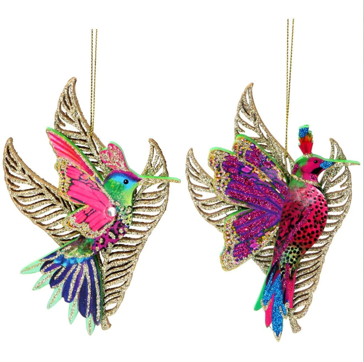 Set of Hummingbird with Fretwork Leaves Tree Decorations Foxyavenue UK