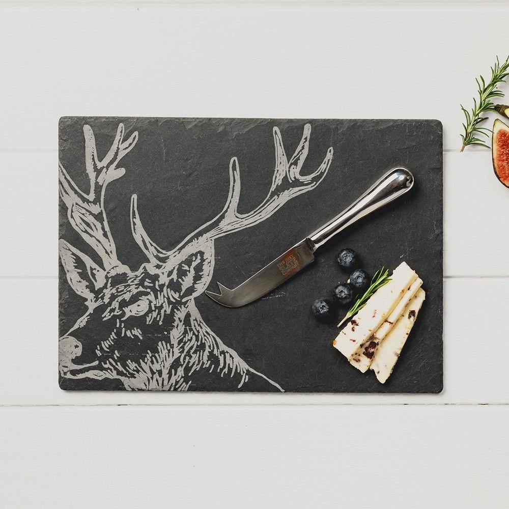 Stag Slate Cheese Board & Knife Gift Set Glasses Foxyavenue UK