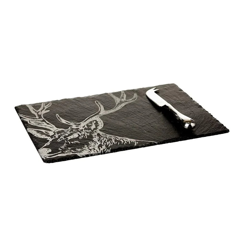 Stag Slate Cheese Board & Knife Gift Set Glasses Foxyavenue UK
