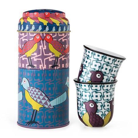 Tin Box With 2 Coffee Cup Porcelain Birds of Paradise Tableware Foxyavenue UK