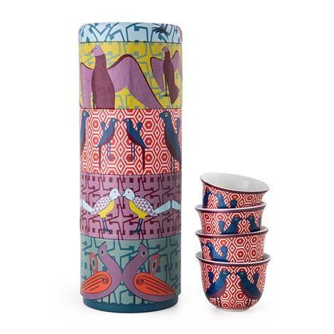 Tin Box With 4 Coffee Cup Porcelain Birds of Paradise Tableware Foxyavenue UK