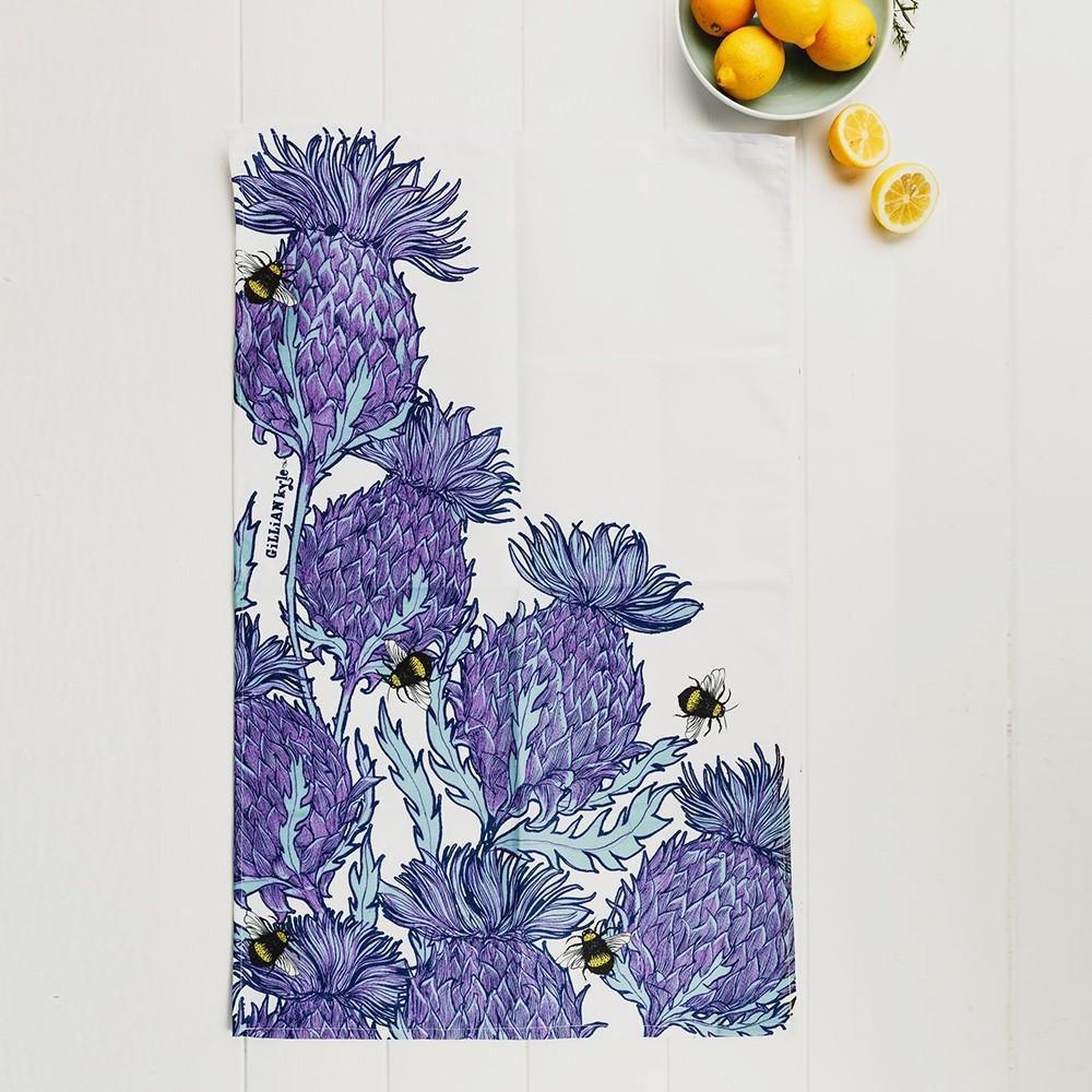 White & Lilac Thistle Tea Towel Tea Towel Foxyavenue UK