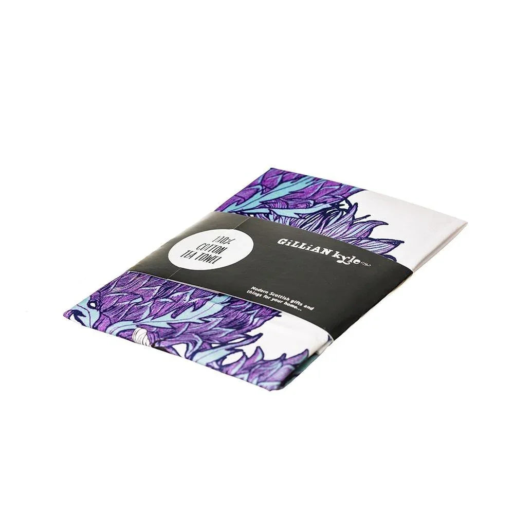 White & Lilac Thistle Tea Towel Tea Towel Foxyavenue UK